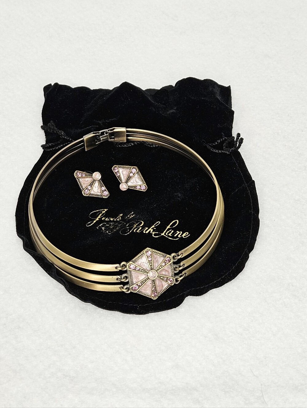 Jewels by Park Lane 14" Collar Necklace Earrings Vintage Art Deco Pink Brass